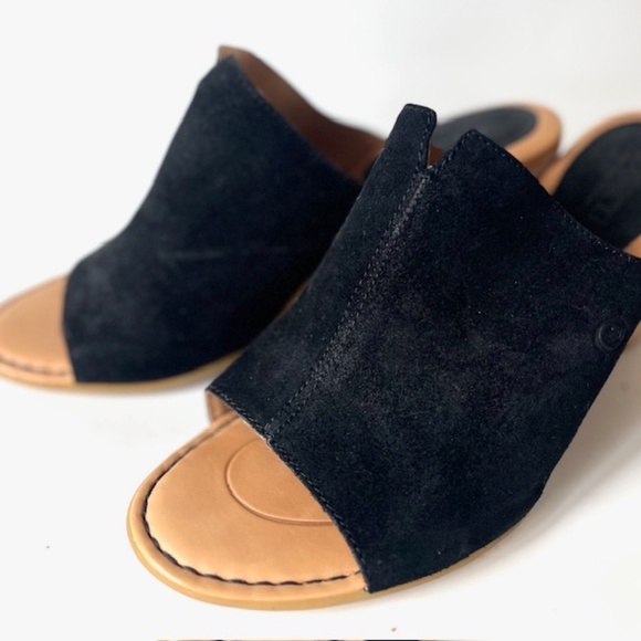 BORN Suede Sandals Black Genuine Leather Chunky Heel Mules Size 9 - Picture 2 of 7